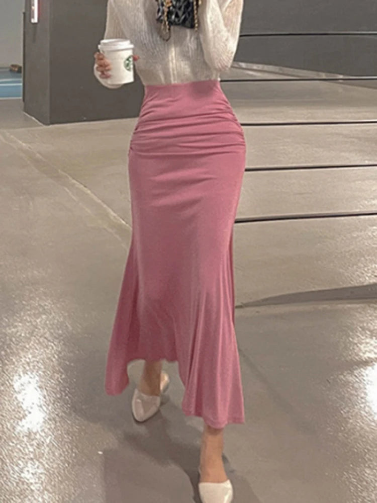 Shirring Satin Skirts for Women High Waisted Skirt 2025 Women A-Line Elegant Skirts Summer Pink Midi Skirt New Korean Style