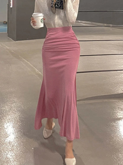 Shirring Satin Skirts for Women High Waisted Skirt 2025 Women A-Line Elegant Skirts Summer Pink Midi Skirt New Korean Style