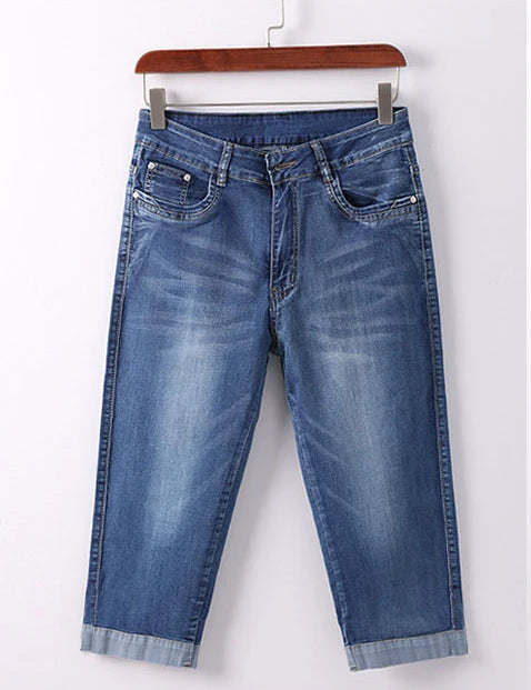 Woman's Jeans Black Denim Pants Ladies Cropped Trousers Skinny  Knee Length Jeans Women Elastic High Waist Mom Jeans Oversize