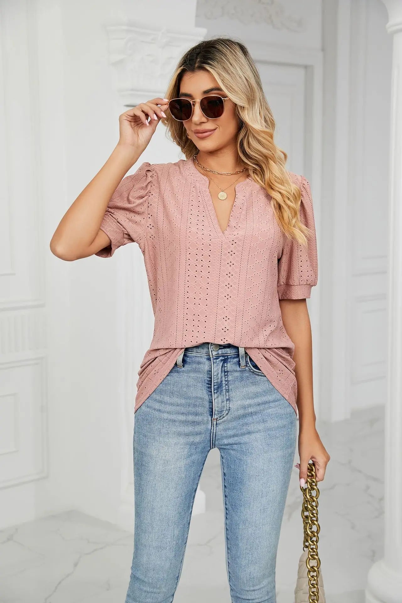 Womens Tops V Neck Ruffle Sleeve Blouses Short Sleeve Casual Tops T-Shirts for Women Autumn Winter