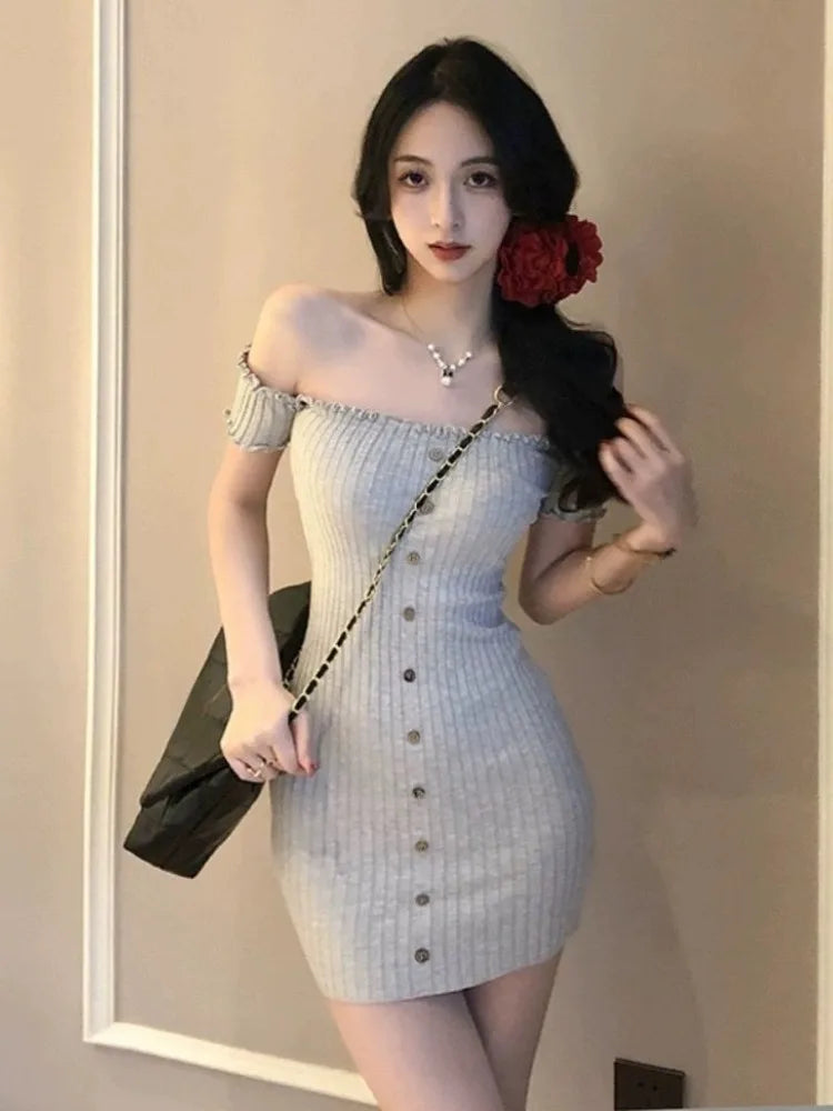 Woman Dress for Women 2025 Vestidos De Mujer Fashion Slash Neck Tunic Robe Femme Ruffles Bodycon Knitted Button Summer Dresses