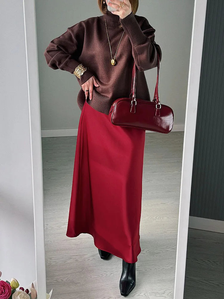 Long Black Satin Skirts Women For Work Summer Autumn Straight Brown Skirt Long Belt Coffee Formal Silk Maxi Skirt For Ladies