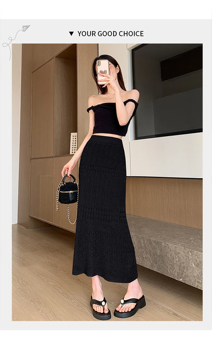 Skirts Women Trumpet High Waist Long Skirt Female Summer Elegant Knitted Hollow Out Fahison Skirt Bottom