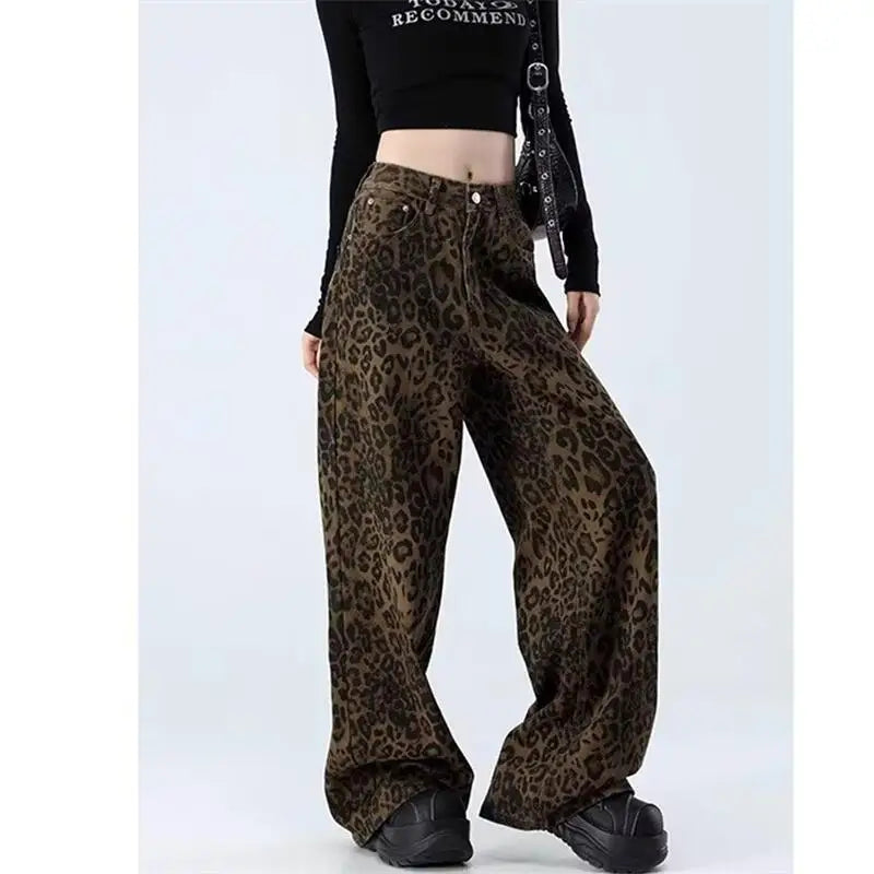 Women's leopard print jeans autumn and winter fashionable versatile loose retro casual pants straight leg wide leg pants