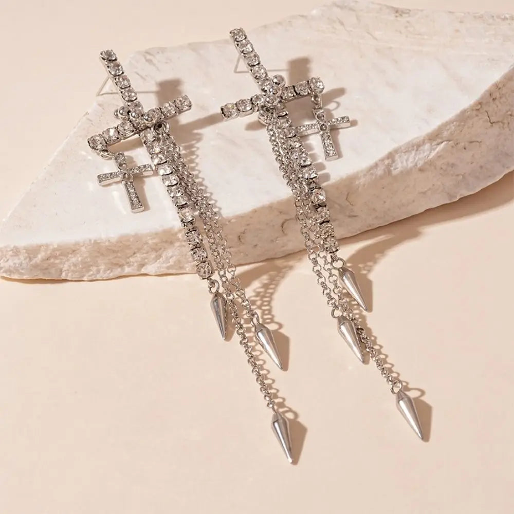 Inlaid Rhinestones Cross Earrings Exquisite Fashion Long Tassels Dangle Earrings Exaggerate Temperament Ear Stud Girls