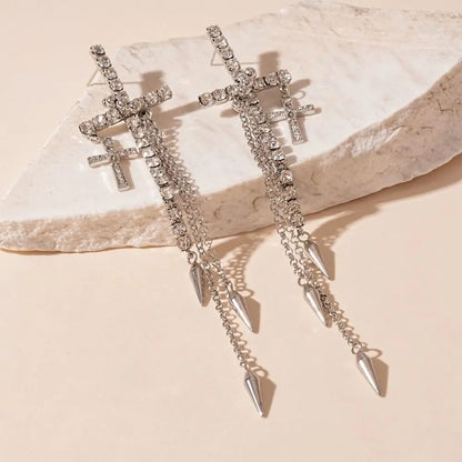 Inlaid Rhinestones Cross Earrings Exquisite Fashion Long Tassels Dangle Earrings Exaggerate Temperament Ear Stud Girls