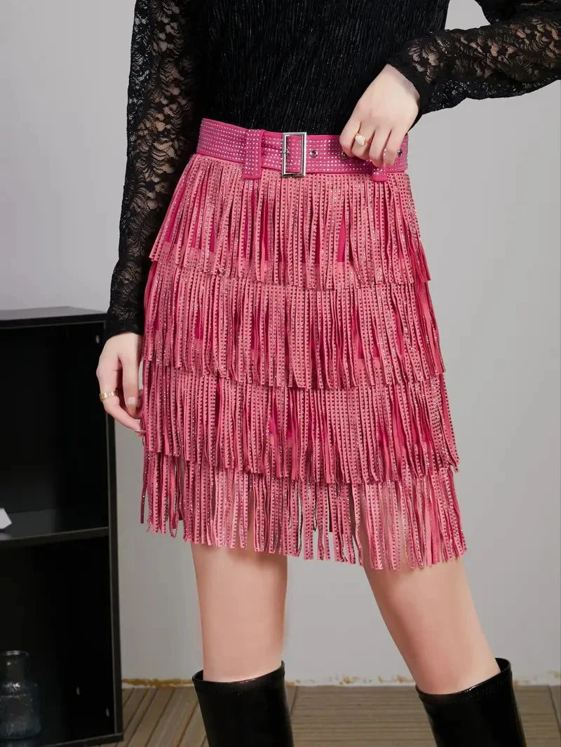 Women Skirt Fashion 2025 New Autumn High Waist Belt Multi Layer Short  Heavy Drilling Rhinestones Fringed Skirt with Cake A Line