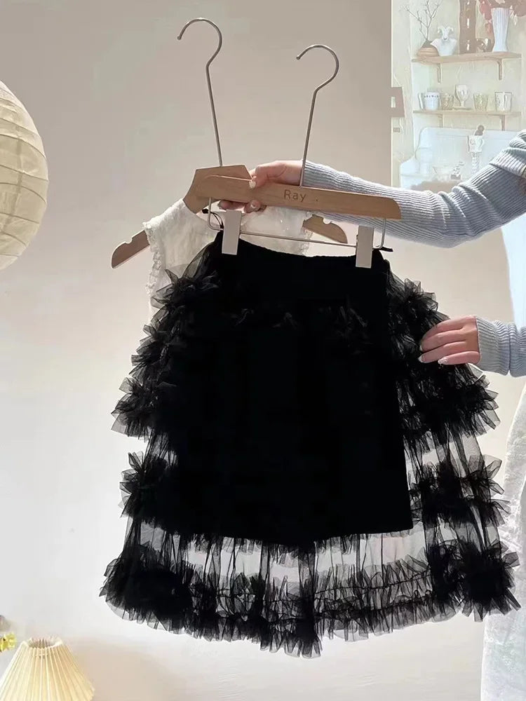 Skirts Sweet Girls Korean New Lace Flower Edge Vest Tops Mesh Yarn Tide Princess Half Length Skirt Tide 2024 Simple Fashion