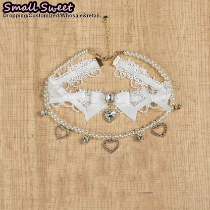 Handmade Choker Necklaces Double Pearl bow love jewelry gemstone sweet Cute Kawaii Collar Lolita Collarbone Chain Cecklace Women