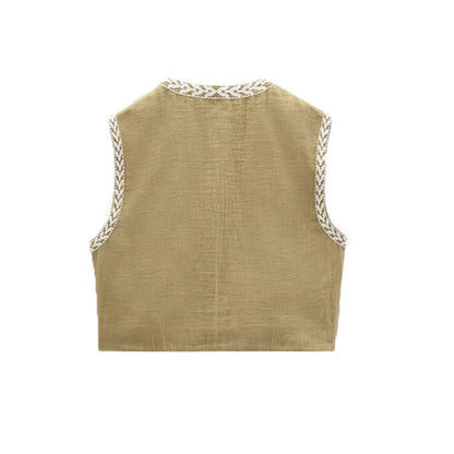 Women Vintage Embroidered Crop Vest Top Y2K Boho Floral Sleeveless Open Front Cardigan Flower Linen Vest Waistcoat Gilet Outwear