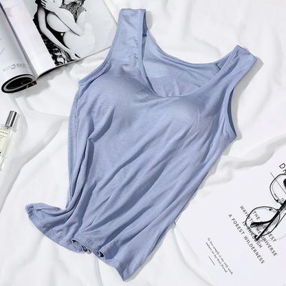 2024 Women's Vest Tops With Built In Bra Neck Vest Padded Slim Fit Tank Tops Sexy Shirts With Chest Pad Feminino Casual