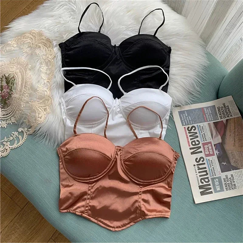 2024  Women Sexy Crop Top Solid Pleated Satin Tanks Top With Bra Pad Beach Camis Spaghetti Backless Casual Top Spring Summer