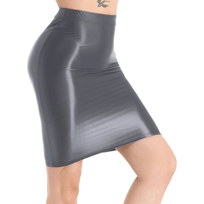 Mini Skirts Skirt For Women Autumn Bodycon Clubwear Glossy Shiny Stretchy Summer Tight Fitting High Waist Knee-length