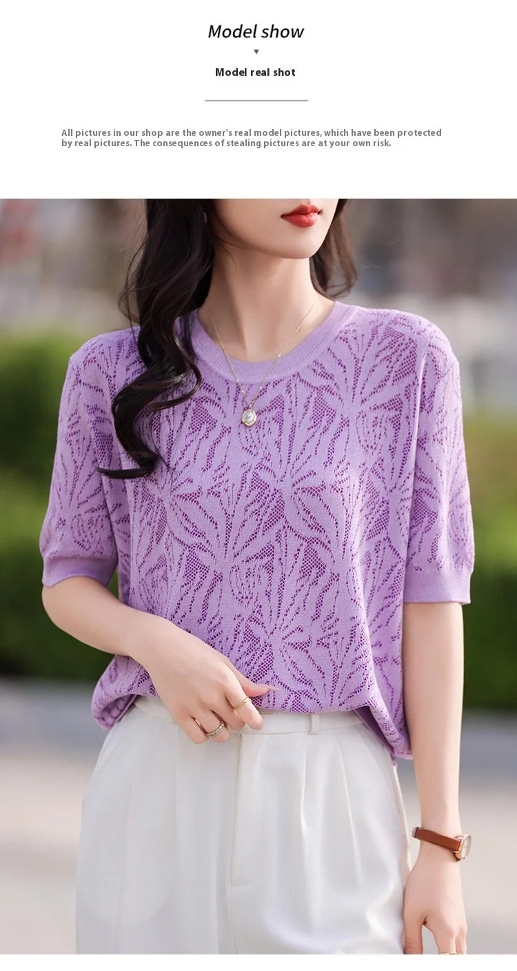 T-shirt Women Tops Summer 2025New Clothing Body O-neck Half Sleeve Tees Shirt  Solid Color Maple Leaf Pattern Casual Fashion Top