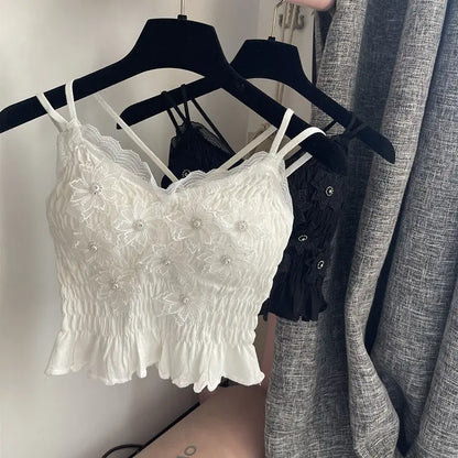 Summer Woman Clothes y2k Tops French Diamond Appliqué Camisole Bottoming Shirt Lace Crop Top Women's Folds Spaghetti Strap Tops