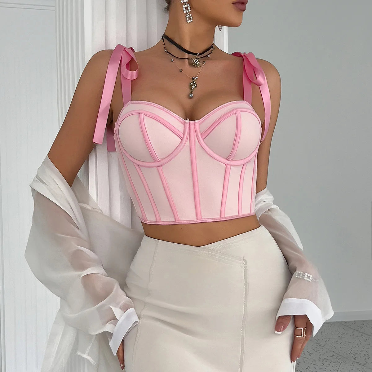 Woman Clothing Top Women T-shirt Tank Top Female Clothes Tops Tanks Camis Crop Top Y2K Sexy Ribbon Tie-Up Fishbone Camisole