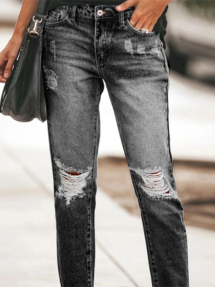 Women‘s Fashion Straight Jeans Casual High Waisted Washed Skinny Trousers Ripped Slim Pants For Lady Commuter 2025 Fashion Trend