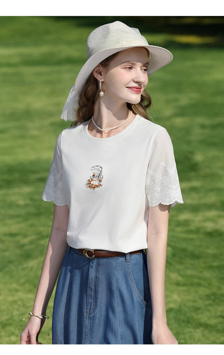 I BELIEVE YOU Top For Women 2025 New Summer T-shirt White O-Neck Studded Beads Embroidery Splicing Commuting T-shirt 2252016014