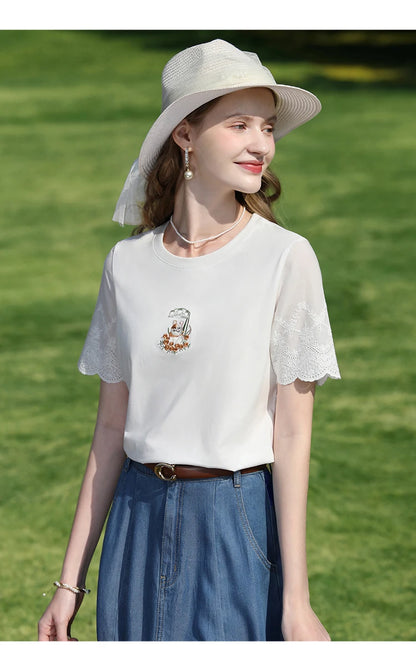 I BELIEVE YOU Top For Women 2025 New Summer T-shirt White O-Neck Studded Beads Embroidery Splicing Commuting T-shirt 2252016014