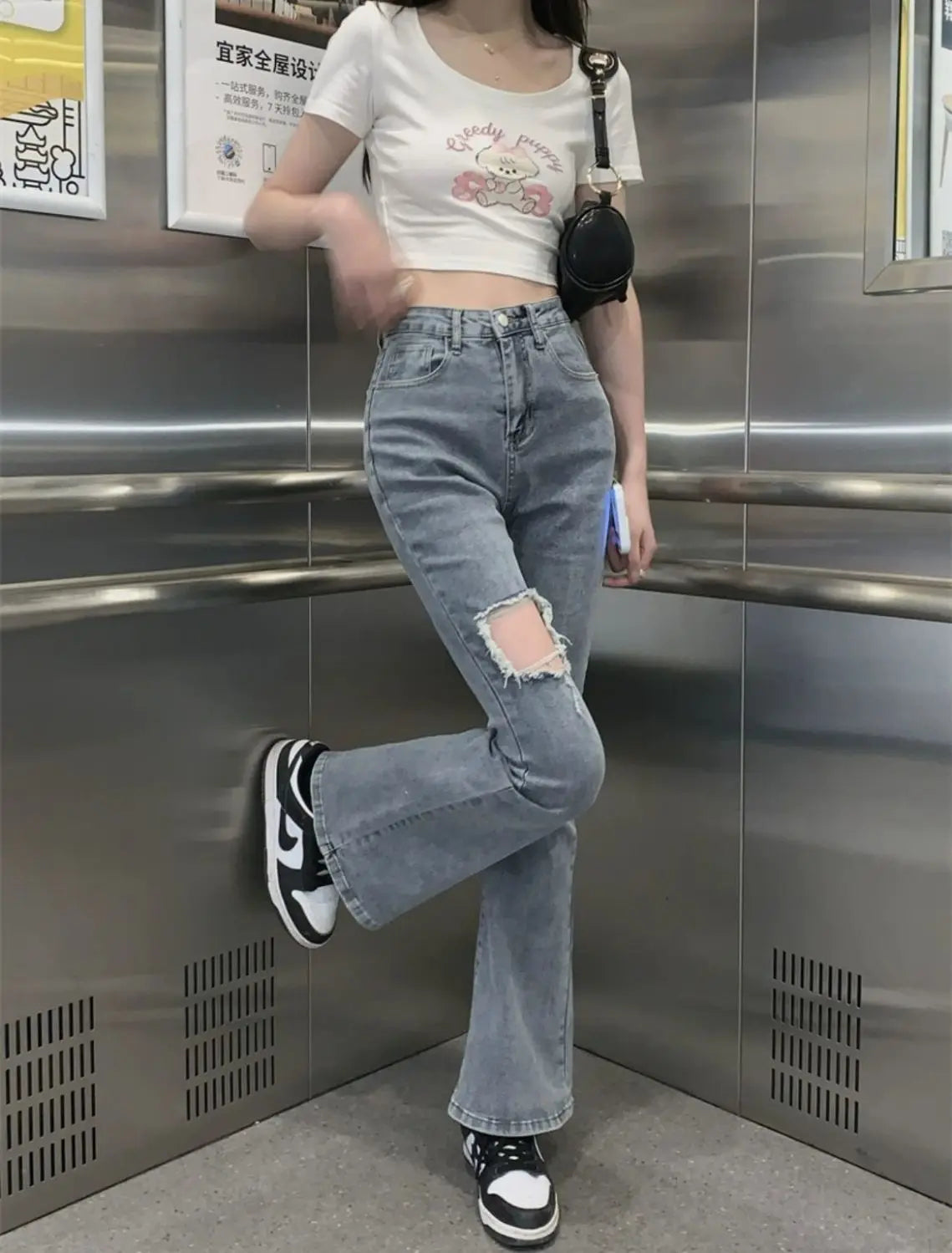 Denim Pants for Women Blue Womens Ripped Jeans Slim Fit Straight Leg Bell Bottom Trousers Original Emo Wholesale Stylish Wide A