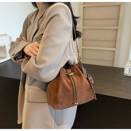 Women Vintage One Shoulder Bag Frosted Solid Drawstring Soft All-Match Bucket Bags High-Grade Versatile Commute Crossbody Packs