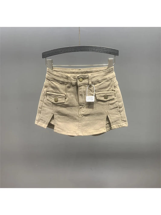 Women Khaki Denim Skirt Y2k Elegant A-Line Skirt Harajuku Korean Vintage Fashion 90s High Waist Jean Shorts Skirts 2000s Clothes