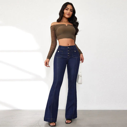 Elegant Single Breasted Women's Denim Flare Pants Retro High Waist High Package Slim Commute Jeans 2025 New Chic Ladies Trousers
