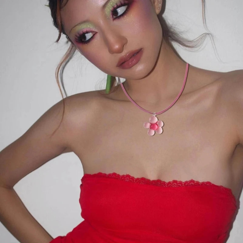 Colorful Flower Necklace Statement Pendant Necklace Floral Design Neck Jewelry Rope Necklace Perfect Gift for Women Girl