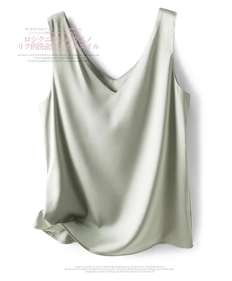 Woman T-shirts Elegant SILK Satin Blouse Sleeveless Female Summer 2023 Casual Loose Tanks and Camis Solid Green Tops for Women
