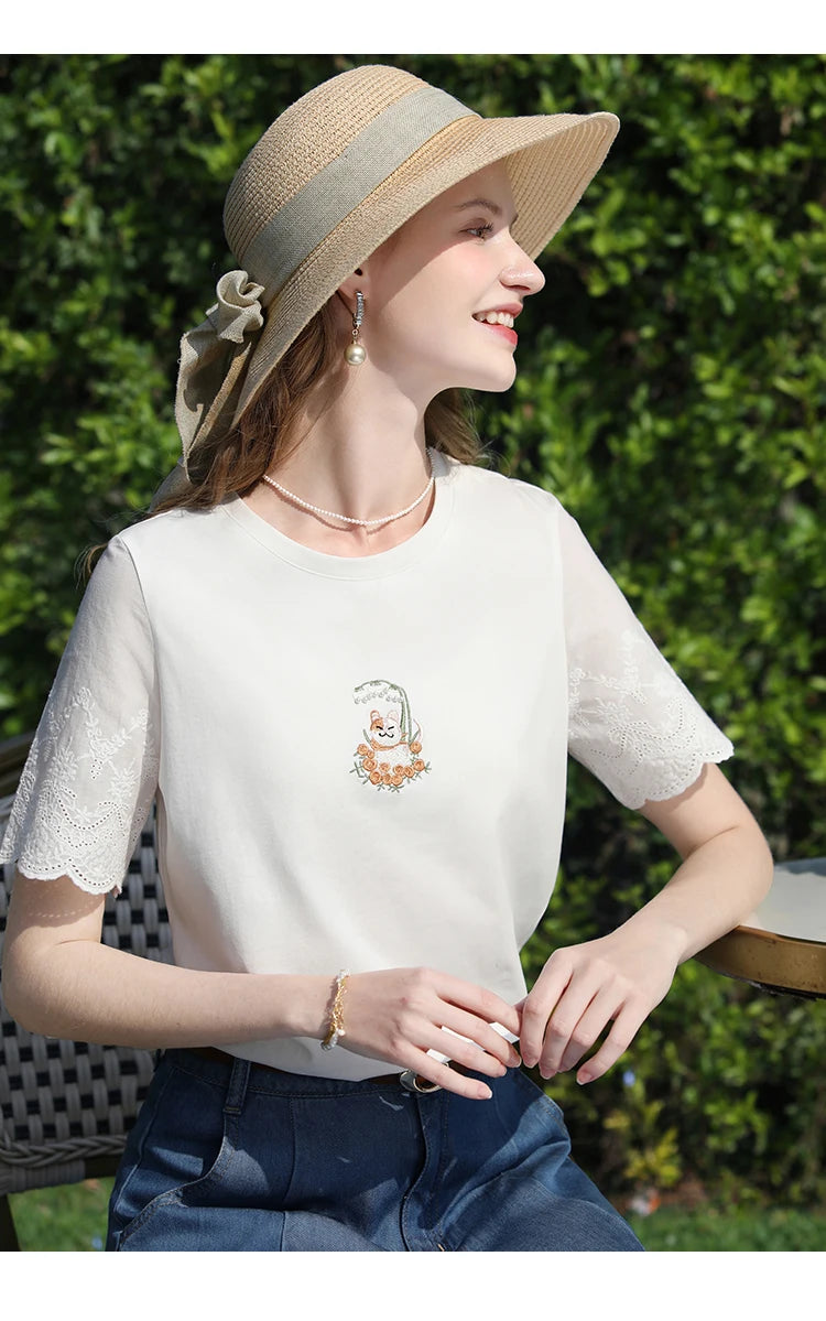 I BELIEVE YOU Top For Women 2025 New Summer T-shirt White O-Neck Studded Beads Embroidery Splicing Commuting T-shirt 2252016014