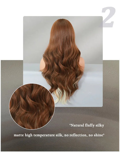 7JHHWIGS Long Body Wave Copper Highlight Beige Wig for Women High Density Synthetic Layered Modest Fashion Wigs with Neat Bangs