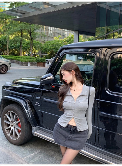 Women T-shirt Spring Autumn Clothes Ribbed Knitted Long Sleeve Short Tops Zipper Design Tee Sexy Female Slim Tops