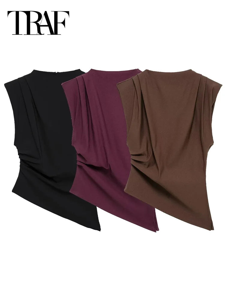 TRAF Ruffled Asymmetric Tops For Women Tanks & Camis Summer 2025 Burgundy Brown Black Tank Tops Ruched O-Neck Sleeveless Vests