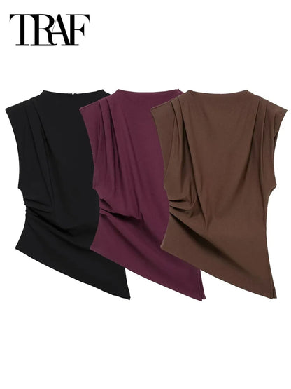 TRAF Ruffled Asymmetric Tops For Women Tanks & Camis Summer 2025 Burgundy Brown Black Tank Tops Ruched O-Neck Sleeveless Vests