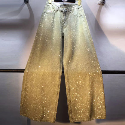 European Jeans, 2025 Spring Clothing New Heavy Industry Full Body Hot Diamond High Waist Skinny Wide Leg Straight Jeans Women