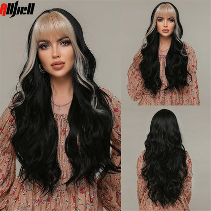 Long Wavy Wine Red Synthetic Wigs Natural Wave Afro Wigs With Bangs for Black Women Cosplay Costume Wig Heat Resistant Fiber