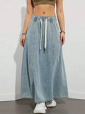 Harajuku Denim Skirt y2k Aesthetic Elastic Drawstring High Waist A Line Flare Jean Skirt Ladies Vintage Skirts Streetwear