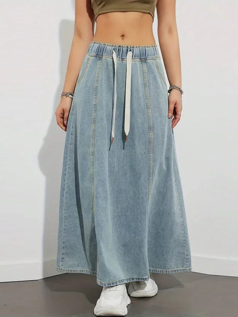 Harajuku Denim Skirt y2k Aesthetic Elastic Drawstring High Waist A Line Flare Jean Skirt Ladies Vintage Skirts Streetwear