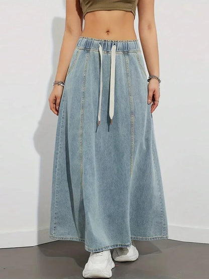 Harajuku Denim Skirt y2k Aesthetic Elastic Drawstring High Waist A Line Flare Jean Skirt Ladies Vintage Skirts Streetwear