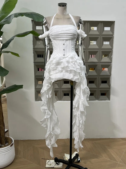 Women Ruffles Draped Dress Three Piece Sets Sexy Halter Neck Folds Ruffled Dress+Lace-up Corset Top+Shorts Suits Party Cocktail