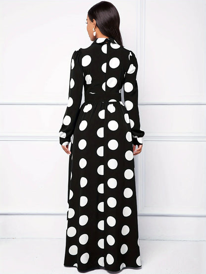 Casual Dresses Elegant Women Long Dress Sleeve Female Robe Bow Knot Polka Dots Girl's Vestidos Lady's Maxi Dresses
