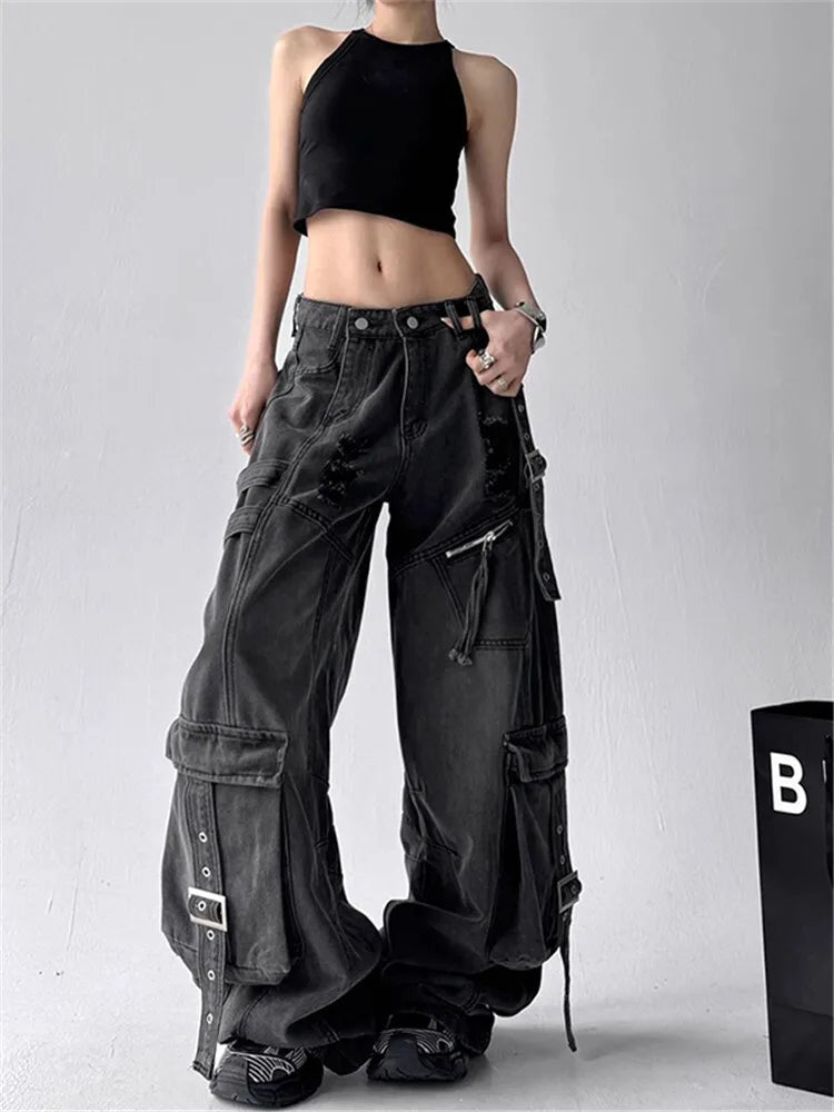 Women Jeans Design Deconstructes Drifting Strips Broken Holes Black Jeans For Women 2025 Spring New Multi Pocket Wide Leg Pants