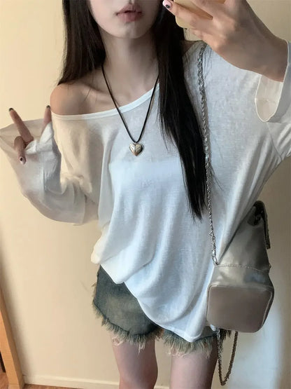 Women T-Shirts Casual Loose New Slightly Transparent O Neck Female Top Thin Sun Protection Tees Spring Summer 2025