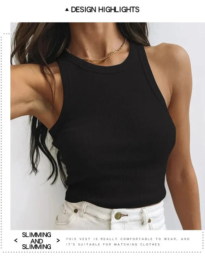 Women's Tank Top Crop Sexy Off Shoulder O Neck Solid Ribbed Knitted Casual Sport Vest Basic Elastic Camisole