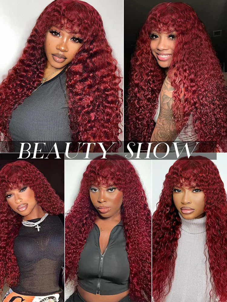 Curly Wig with Bangs Human Hair 99J Burgundy Water Wave Color Wigs Red wig with Bangs Colored 100% Brazilian Human Hair