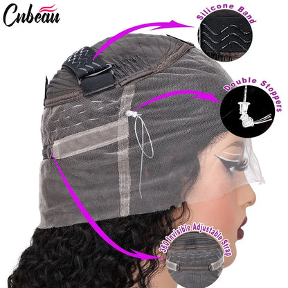 Invisi Strap Water Wave High 250 Density 360 Full Lace Front Kinky Curly Wig 30 inch Black Human Hair Drawstring Snug Preplucked