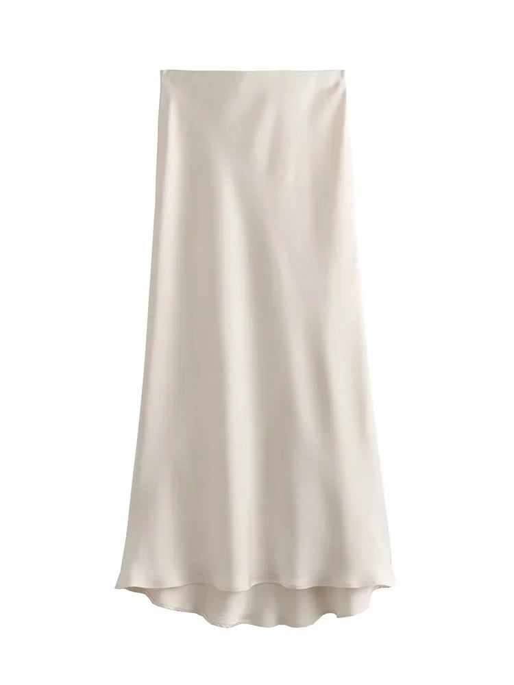 Willshela 2024 Black Satin Skirt Woman High Waist Elegant Long Skirts For Women Fashion Summer Midi Skirt Office Women's Skirts