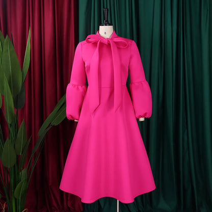Elegant Dresses for Women Bow Collar Full Sleeve High Waisted A Line Mid Calf Luxury Female Birthday Party Dinner Vestidos Mujer
