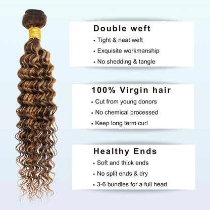 4/27 Bundles Brazilian Hair Bundles Highlight Honey Blonde Human Hair Bundle Weave Double Weft Deep Wave Virgin Hair Weaves