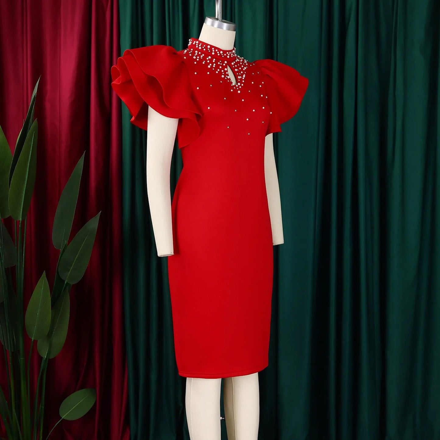 Elegant Dresses for Women O Neck Ruffles Sleeve Beaded Sheath Package Hips Mid Calf Luxury Birthday Party Dinner Vestidos Mujer